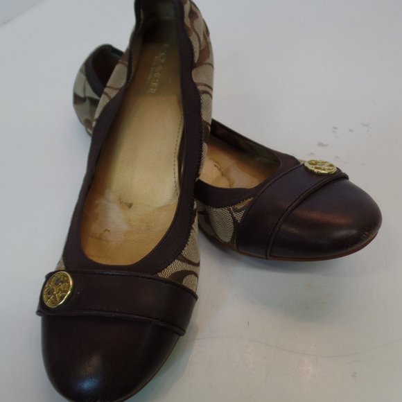 Coach Chelsey Signature Logo Fabric Brown Leather Flats Goldtone Hardware Sz 8 - Picture 14 of 15